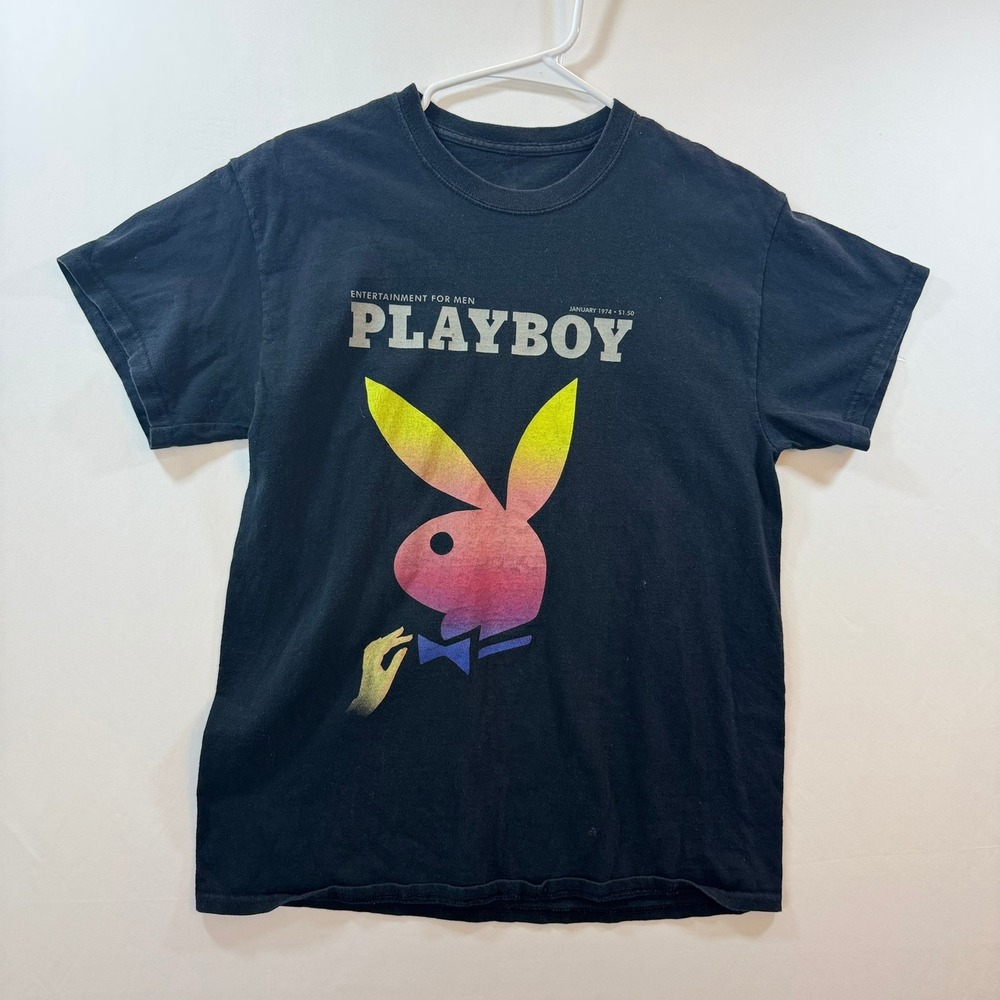 Playboy Mens Graphic T-Shirt Black Gradient Bunny Logo January 1974 Retro Medium